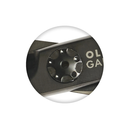 Close-up of a black metal tension screw component with a circular barrel shroud and partial white text reading 'OL GA' on a plain white background.