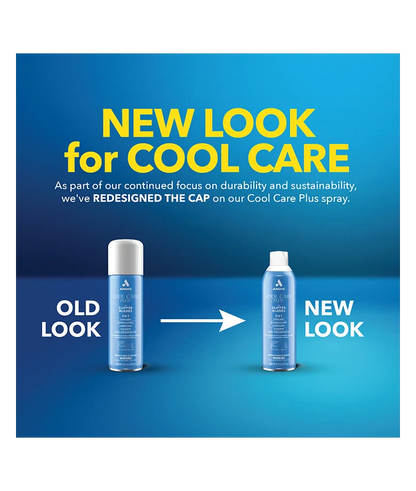 Advertisement showing a comparison of an old and new look for a Cool Care Plus spray bottle on a blue background.