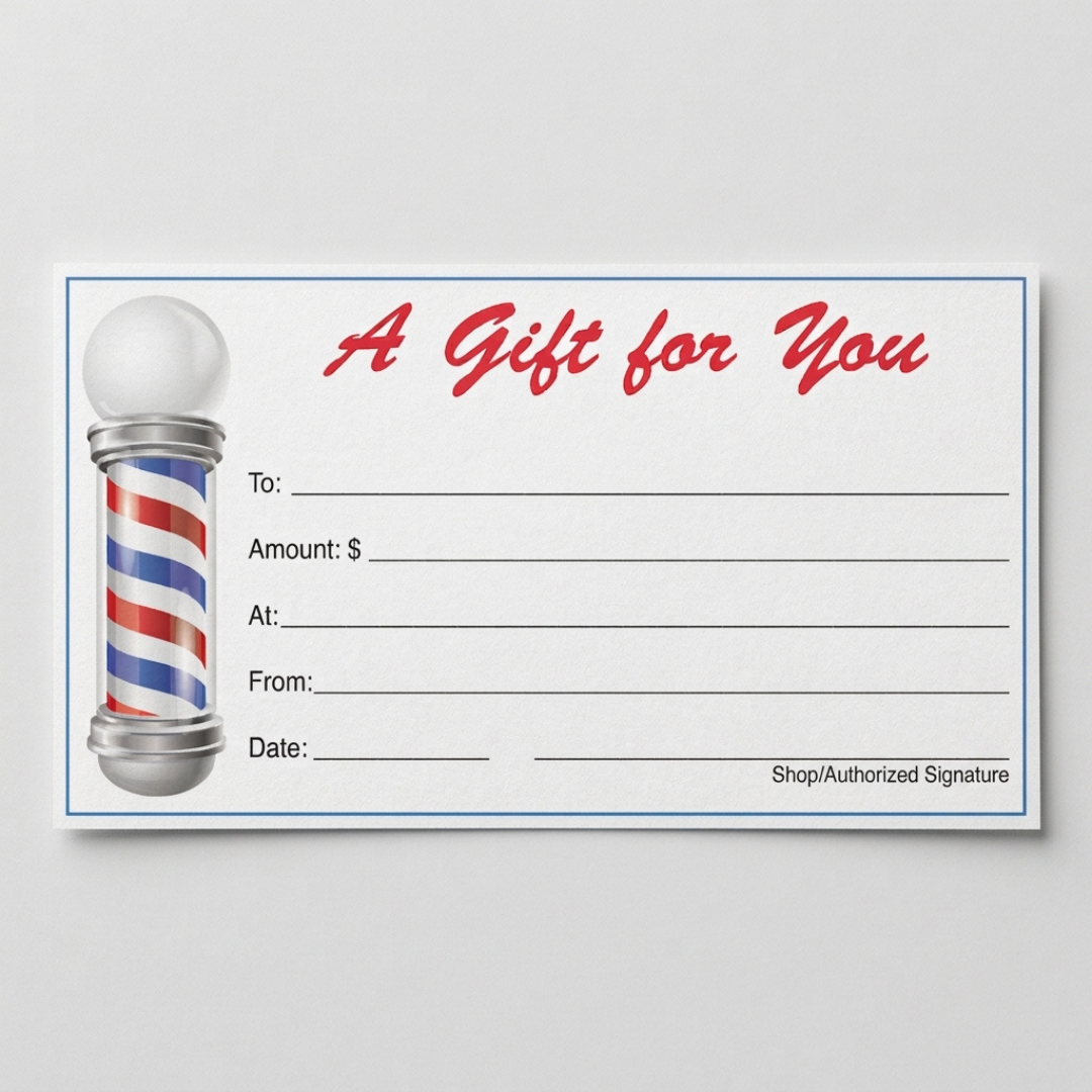 Gift certificate cardstock reads A gift for you with a barber pole ona white card and grey background