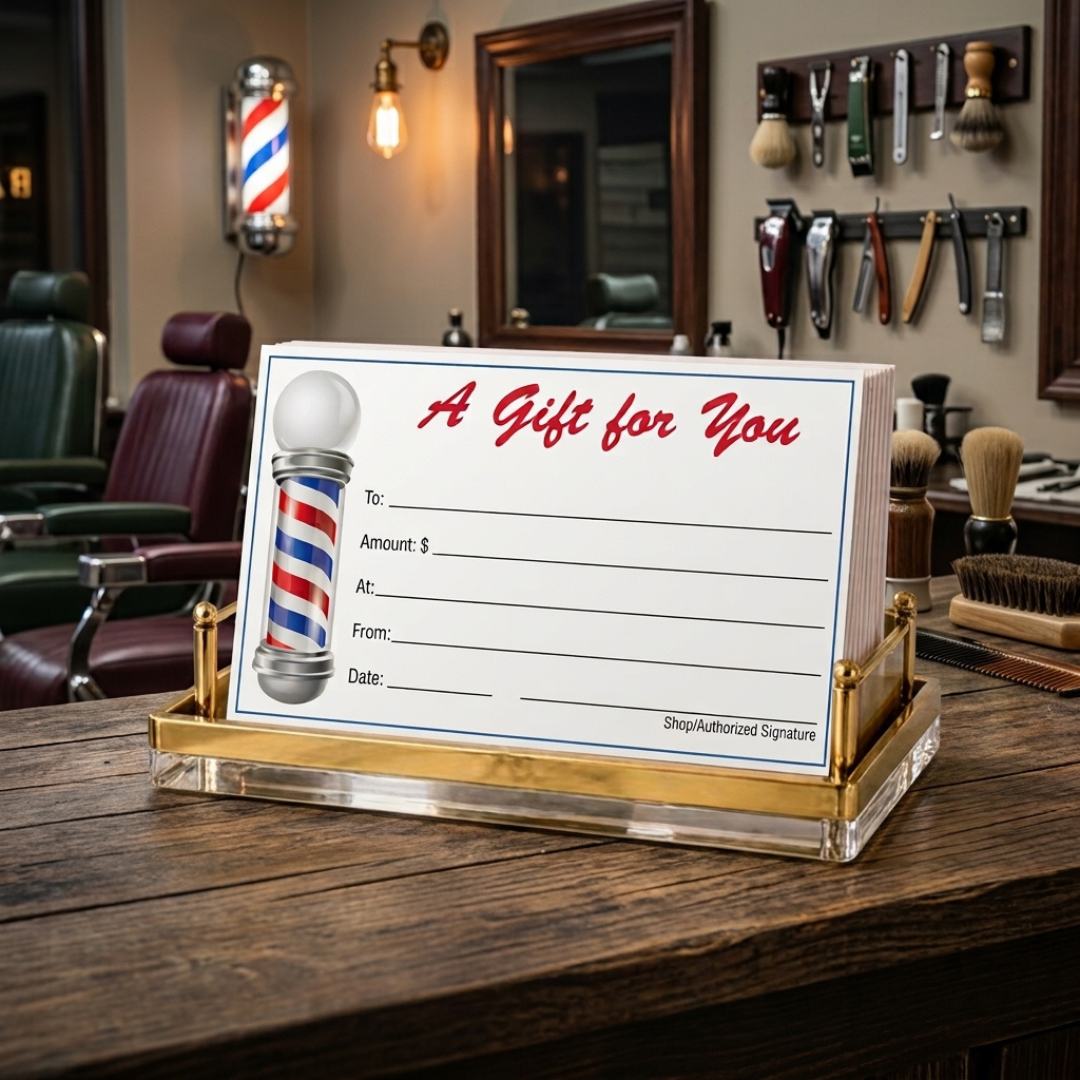 A barbershop-themed gift card holder and gift card set on a wooden counter inside a barbershop. The clear acrylic stand with gold-toned metal trim holds a white card printed with 'A Gift for You' in red script, a classic red, white, and blue barber pole g