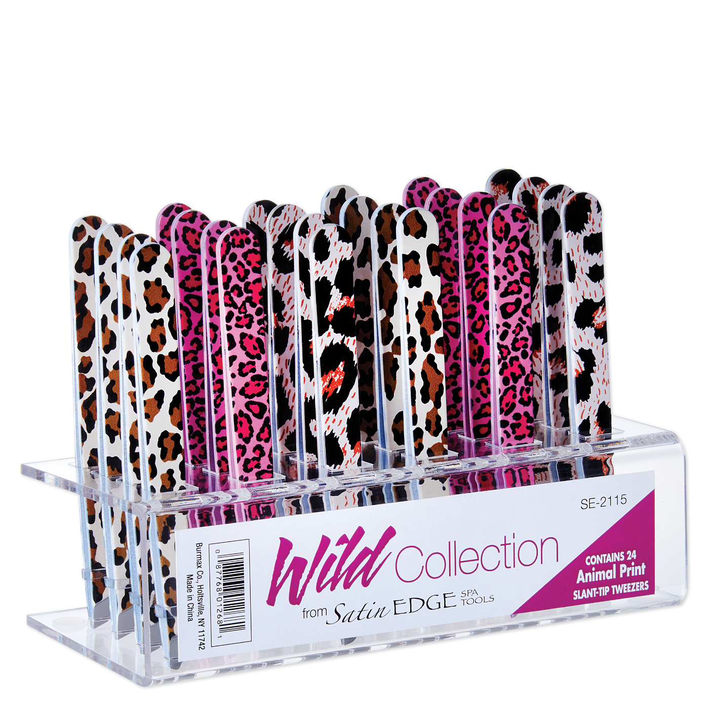 Satin Edge Slant Tip Tweezer Display, Animal Print - 24 Pieces #SE-2115