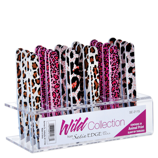 Satin Edge Slant Tip Tweezer Display, Animal Print - 24 Pieces #SE-2115